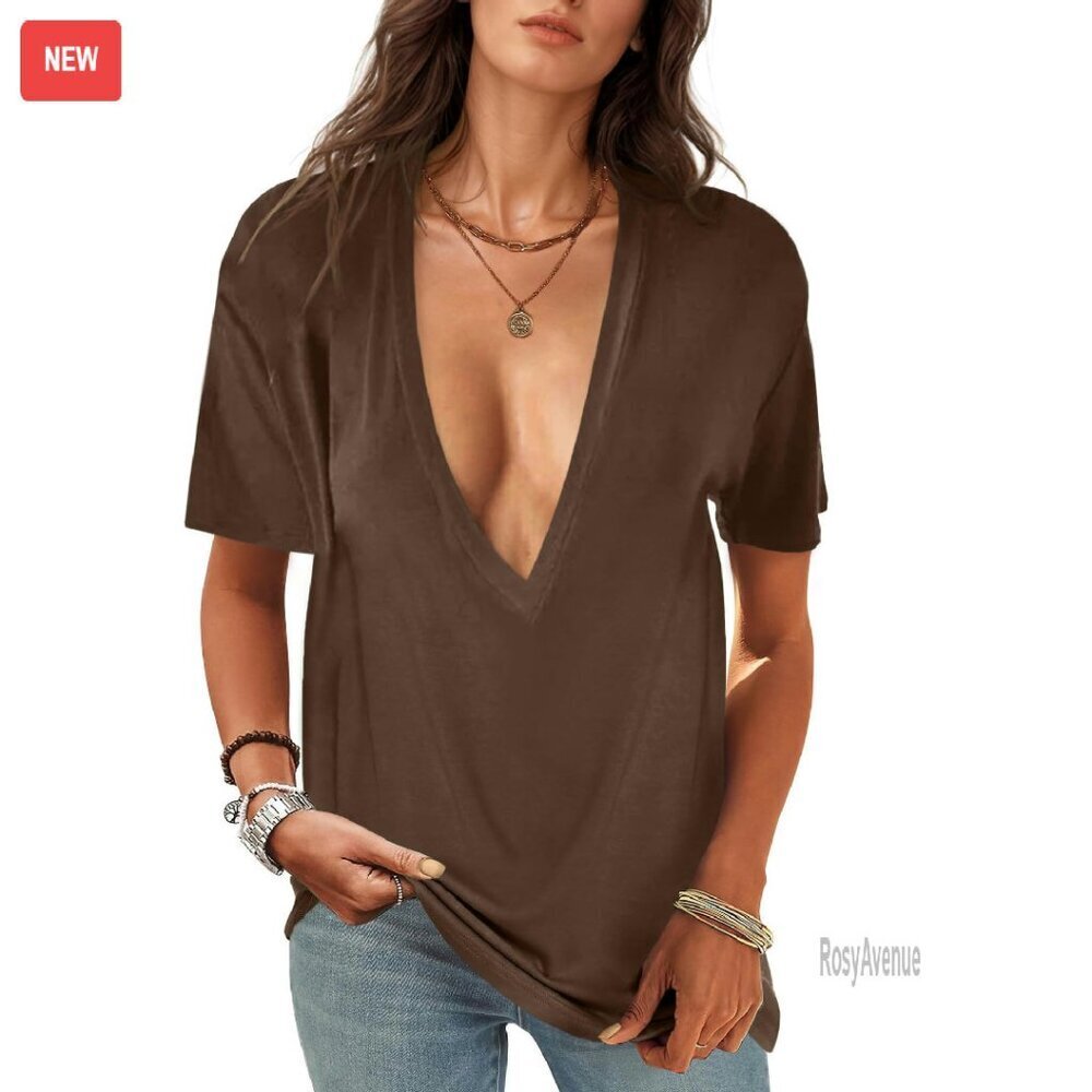 Deep V-Neck Short Sleeve Tee - Soft Polyester Blend - Relaxed Fit Summer Top